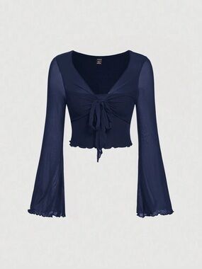 SHEIN: Navy Blue Mesh Tie Front Bell Sleeve Cropped Blouse, Size M